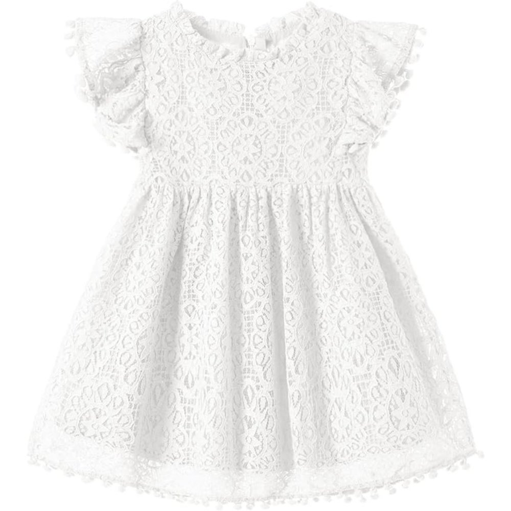 Girls Elegant Lace Pom Pom Flutter Sleeve Party Princess Dress WHITE 5T NWT